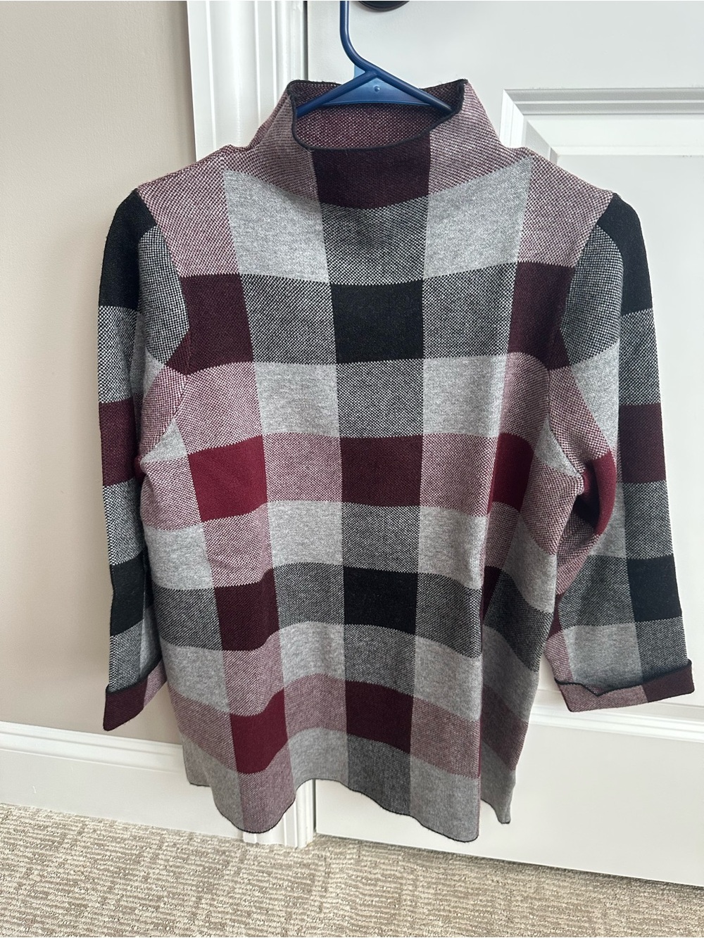 Tahari Burgundy & Gray Plaid Mock Neck Sweater